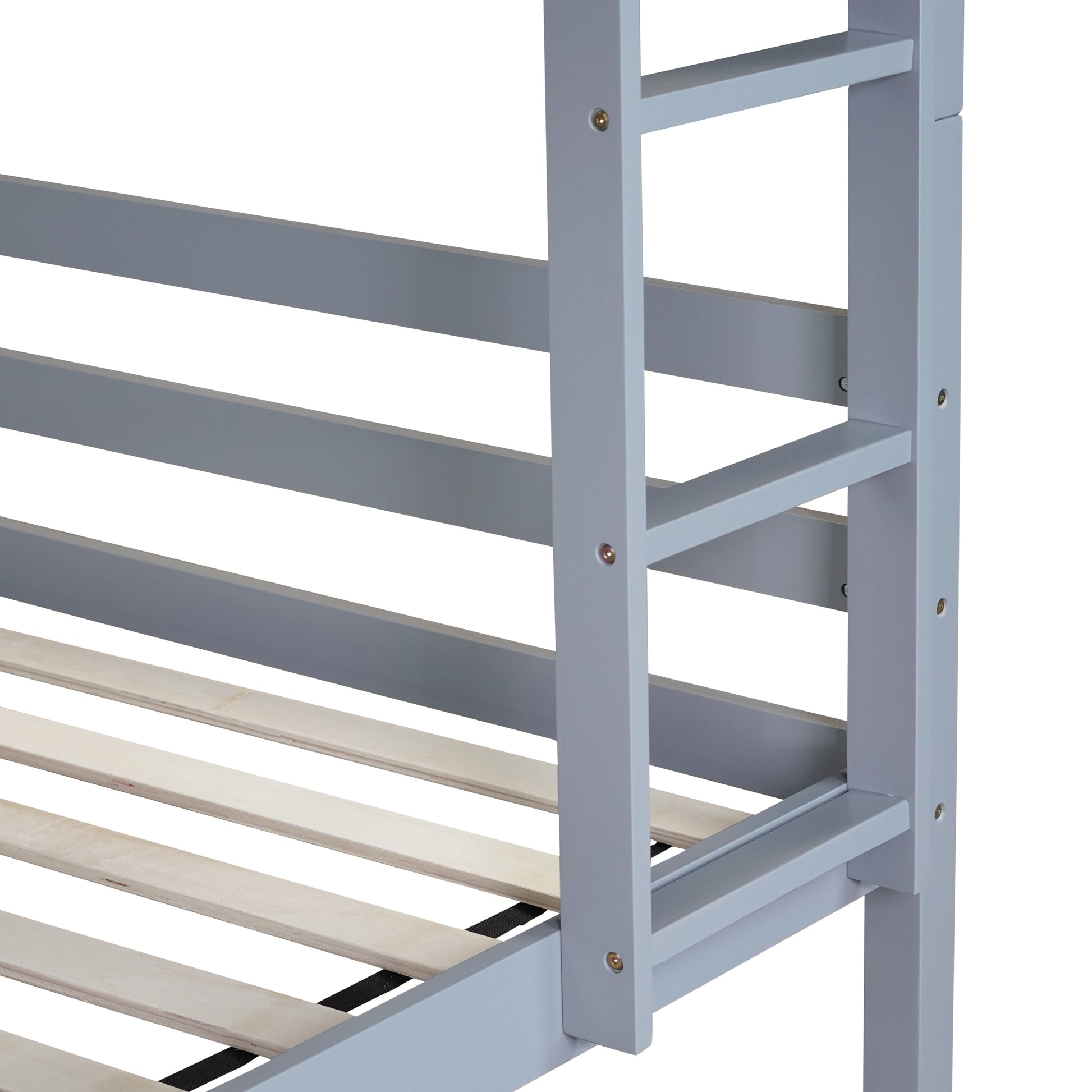 Wrenna gray bunk bed showing guardrail and slat support detail