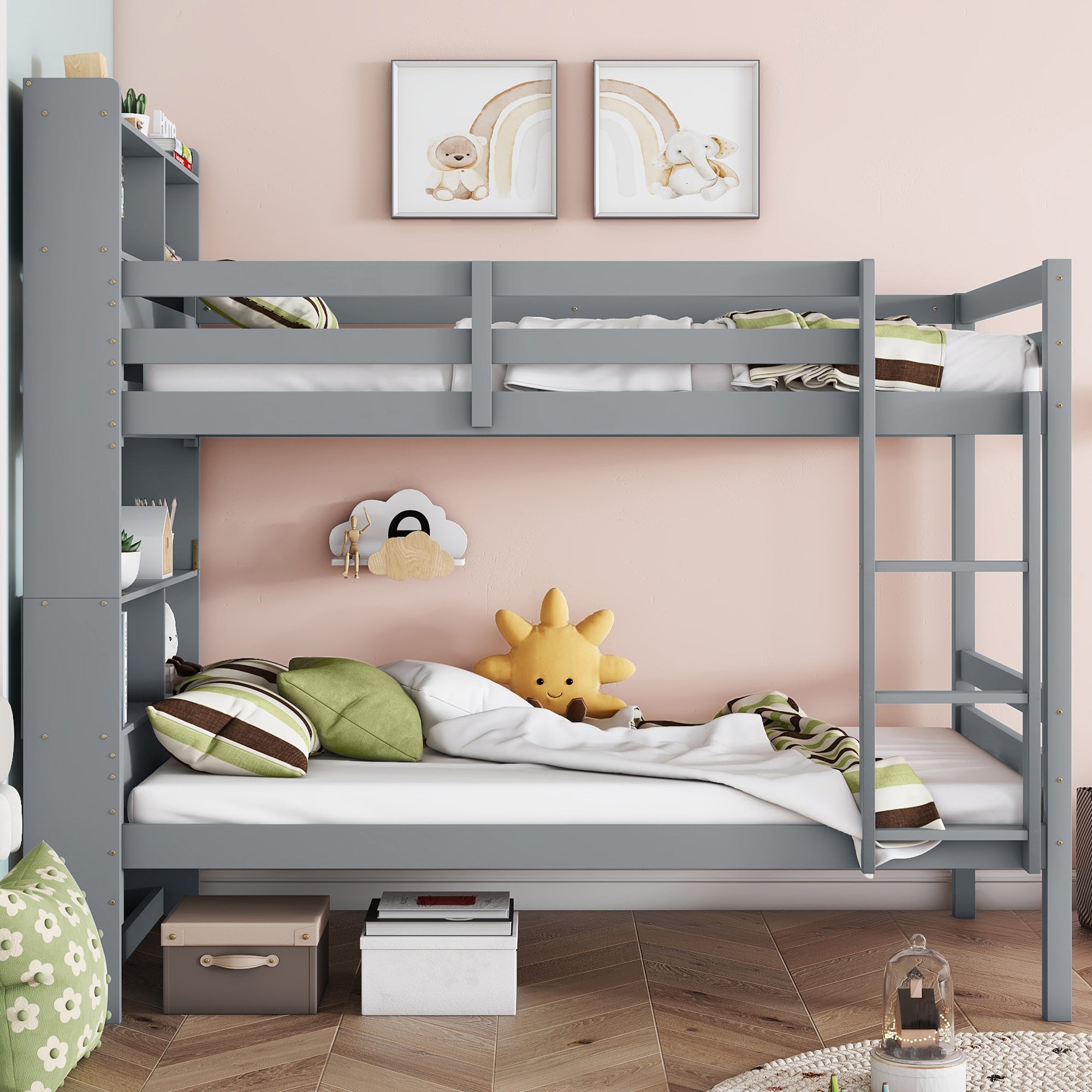 Wrenna gray twin over twin bunk bed in a cozy bedroom with toys and underbed storage bins