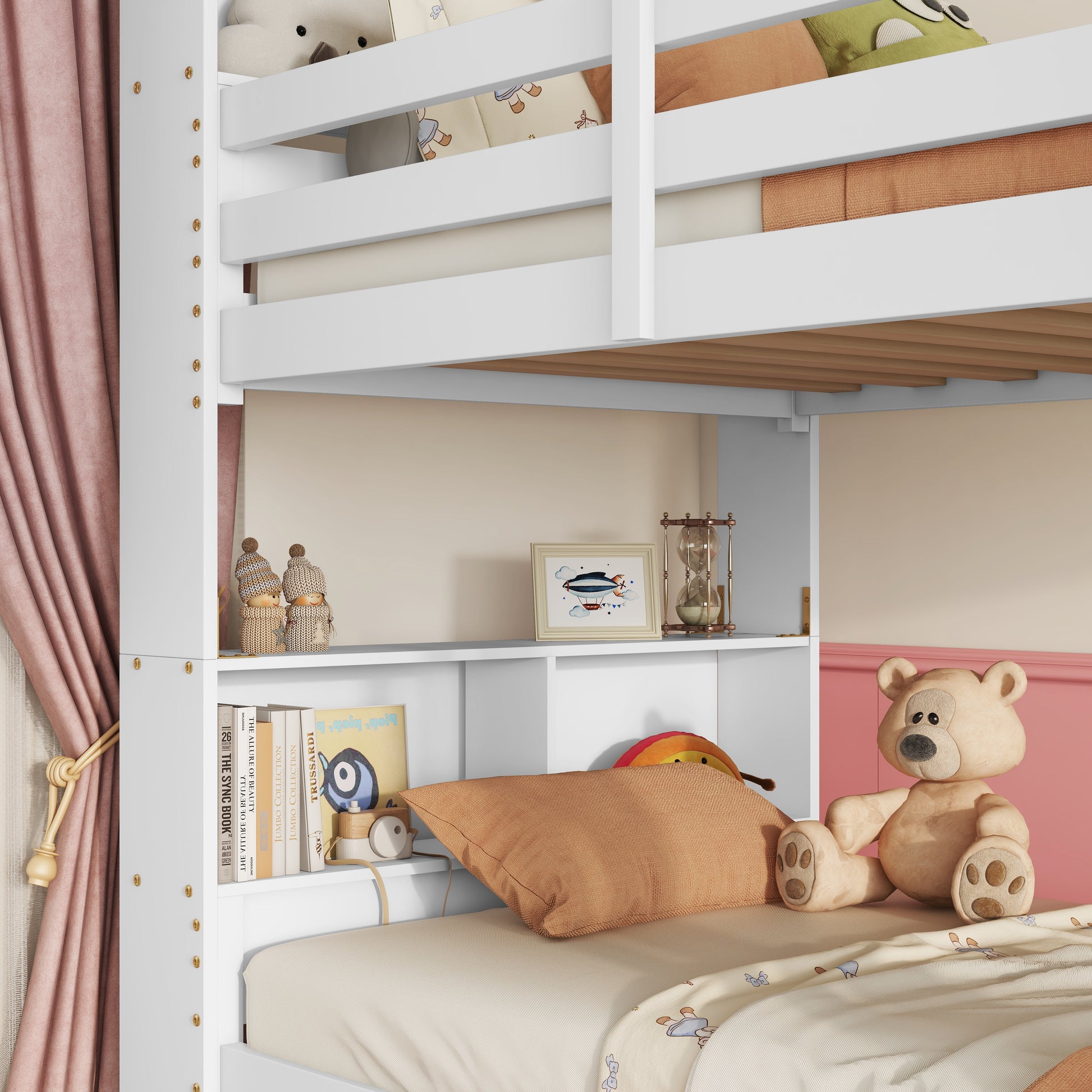 Wrenna white bunk bed showing full-length guardrail and upper bunk detail