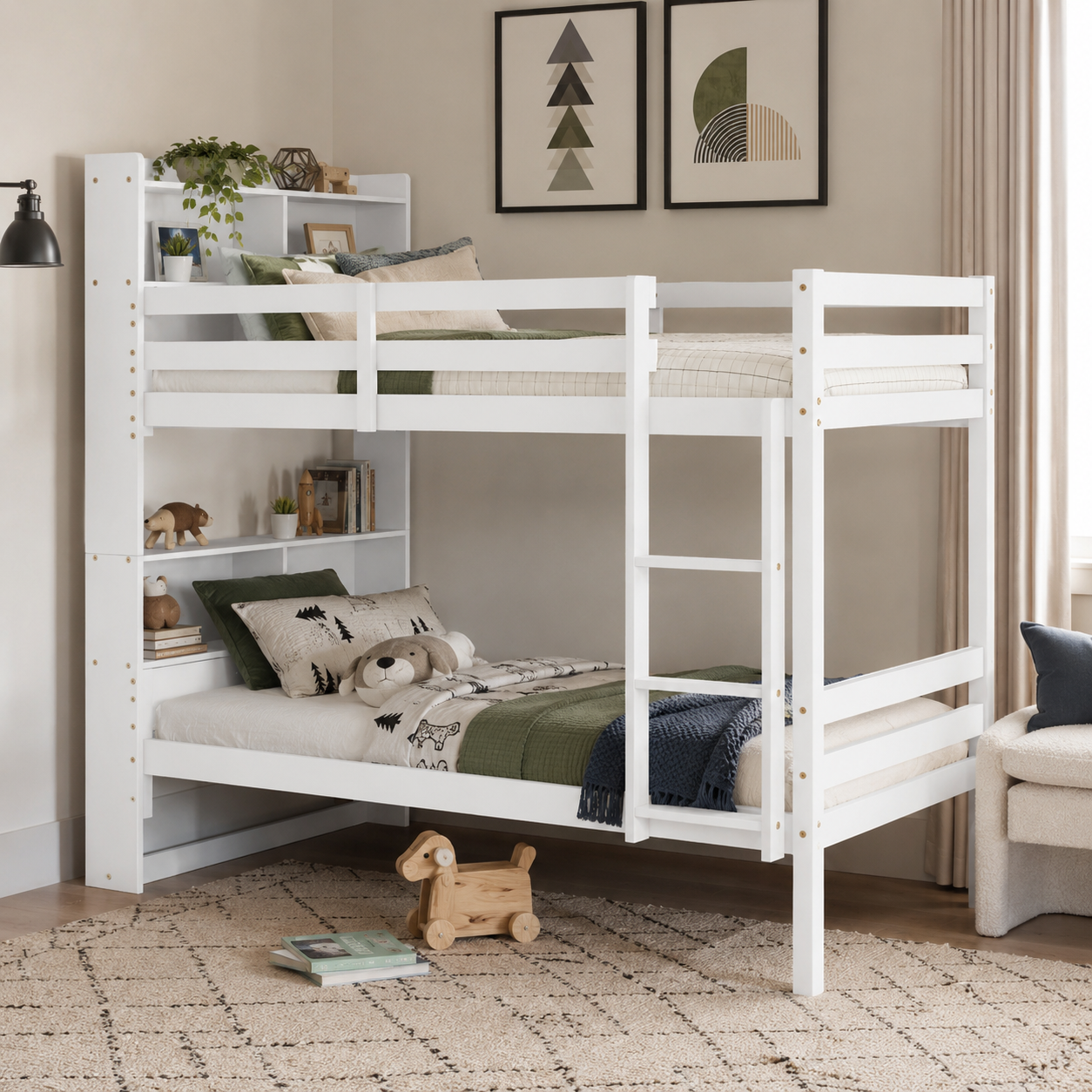 Wrenna white twin over twin bunk bed with storage shelves in a bright kids bedroom