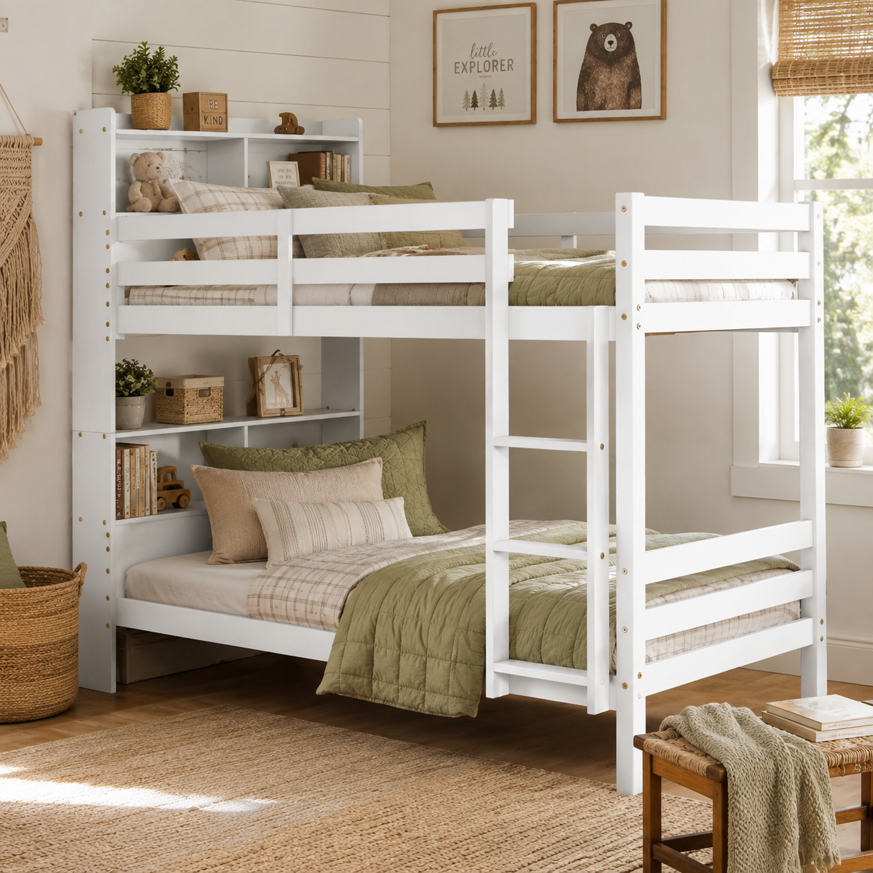 Wrenna white twin over twin bunk bed in a bedroom with olive green bedding