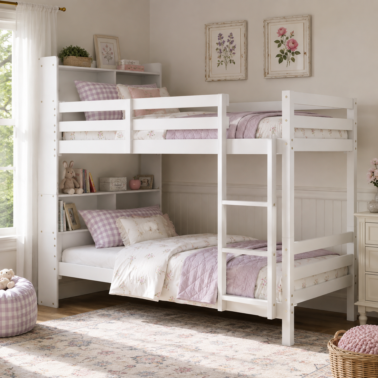 Wrenna white twin over twin bunk bed in a soft bedroom with mauve bedding