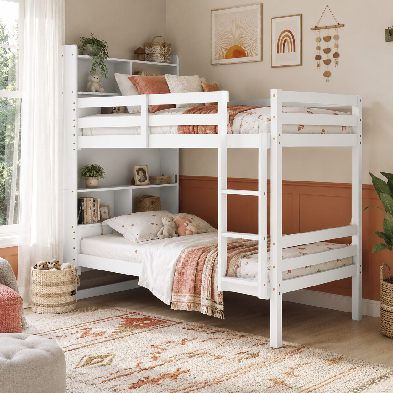 Wrenna white twin over twin bunk bed in a warm bedroom with rust-colored bedding