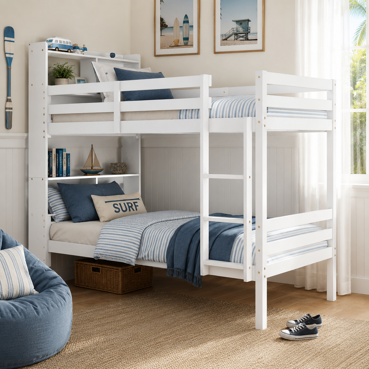 Wrenna white twin over twin bunk bed in a cozy bedroom with blue bedding and a pouf