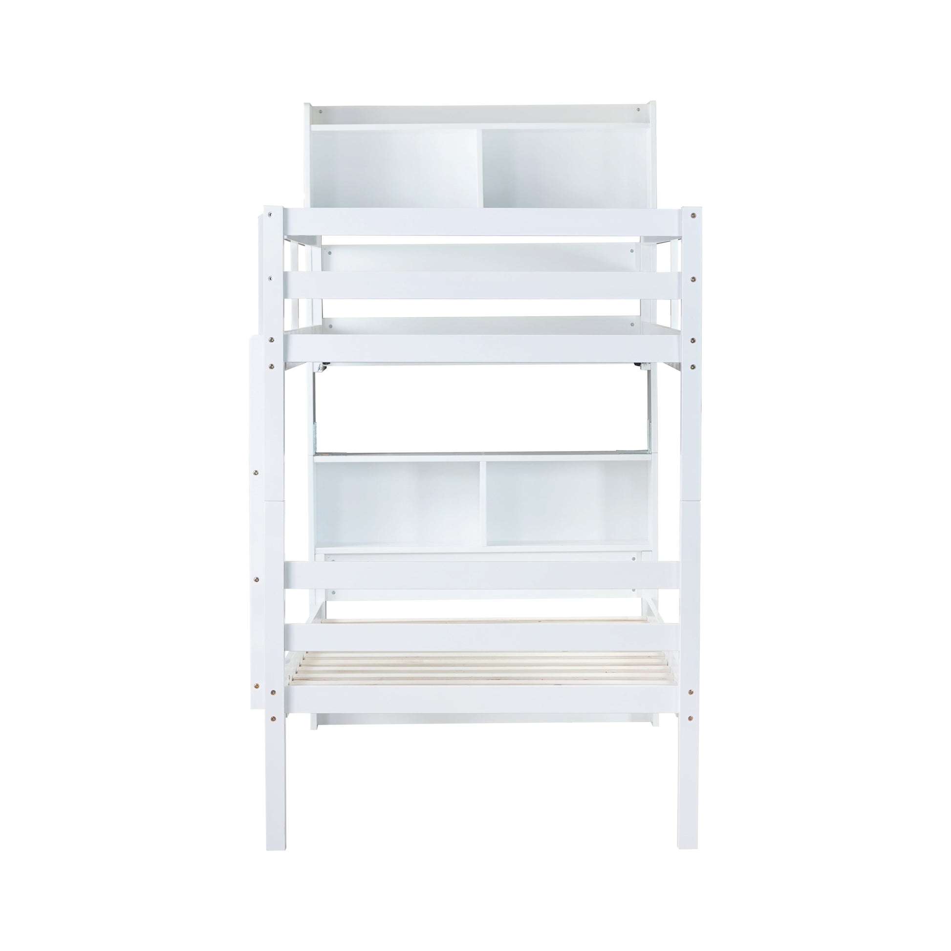 Wrenna white twin over twin bunk bed side view on white background