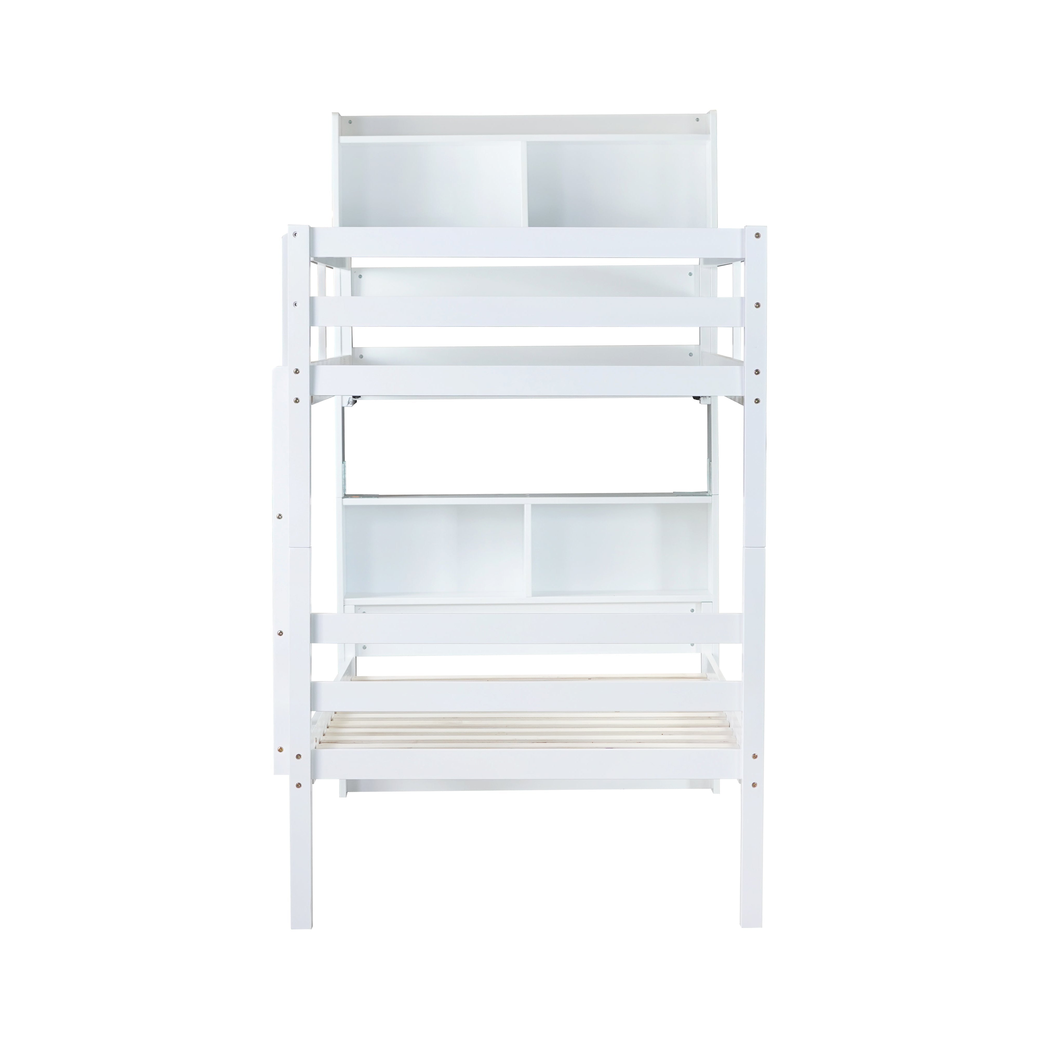 Wrenna white twin over twin bunk bed side view on white background