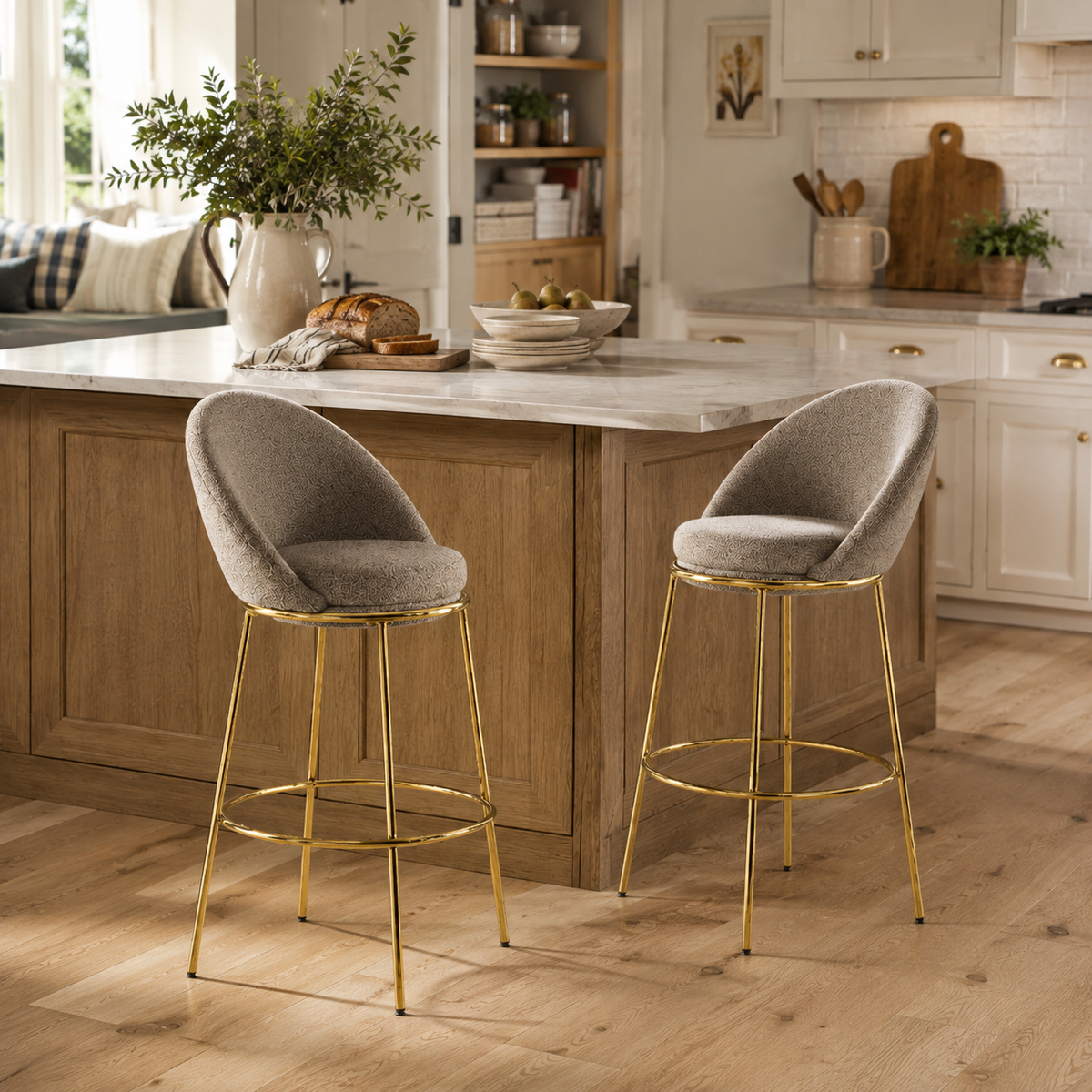 Yarra beige bar stool showing two stools in a kitchen island setting