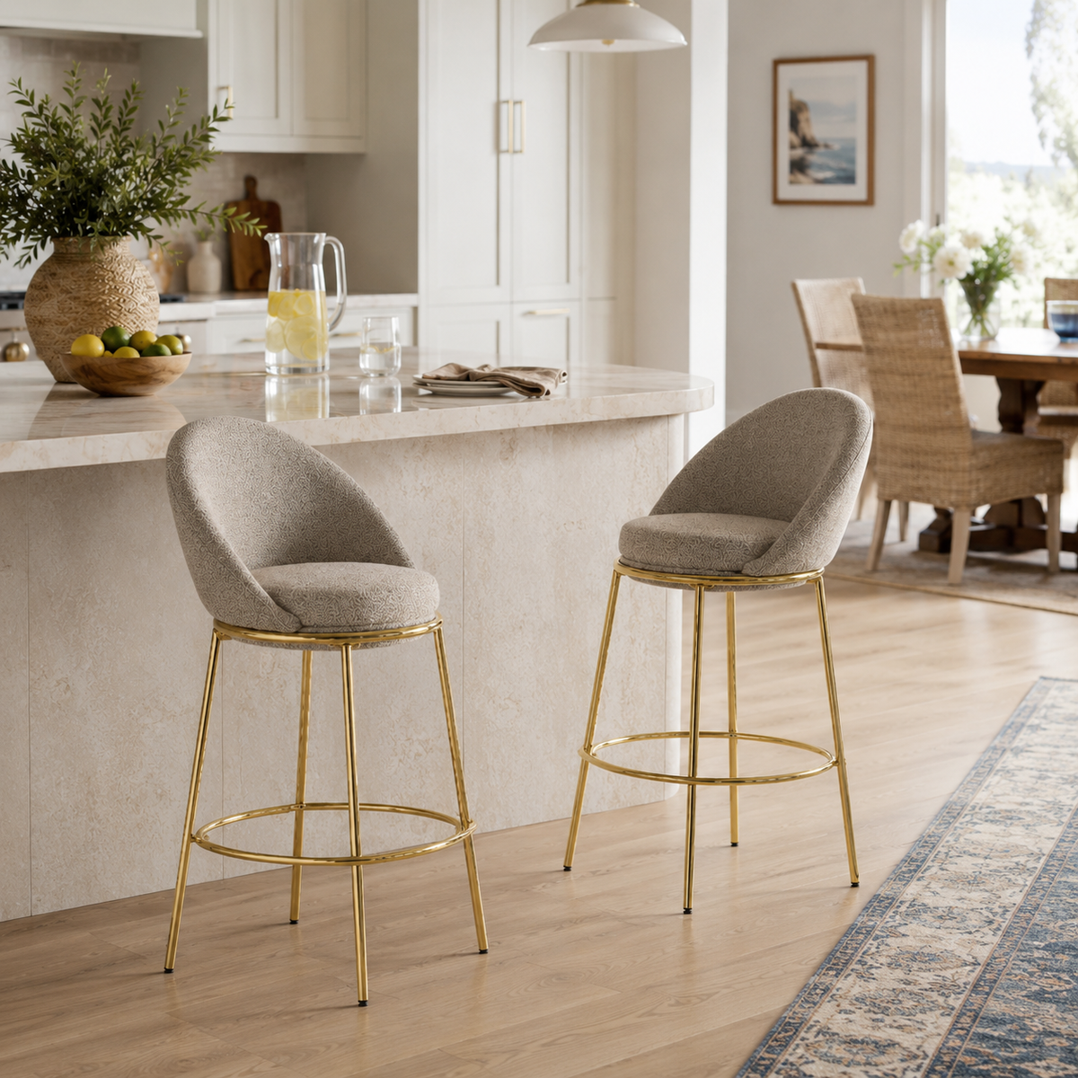 Yarra beige bar stool showing two stools in a modern kitchen setting