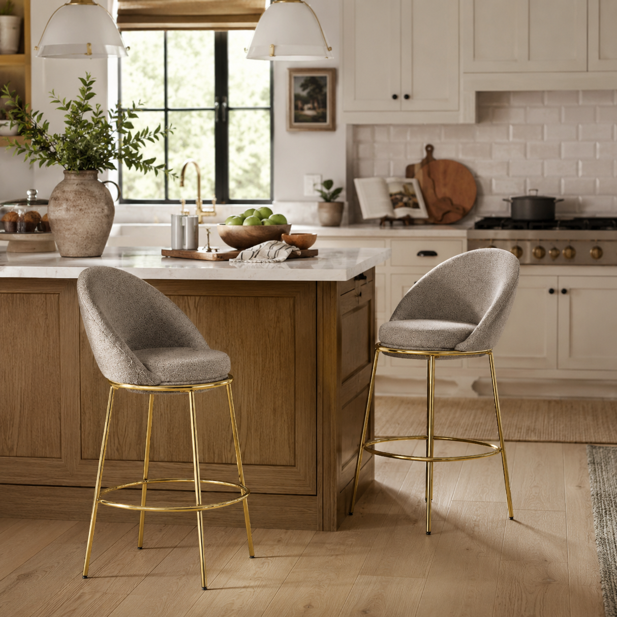 Yarra beige bar stool showing two stools beside a kitchen counter