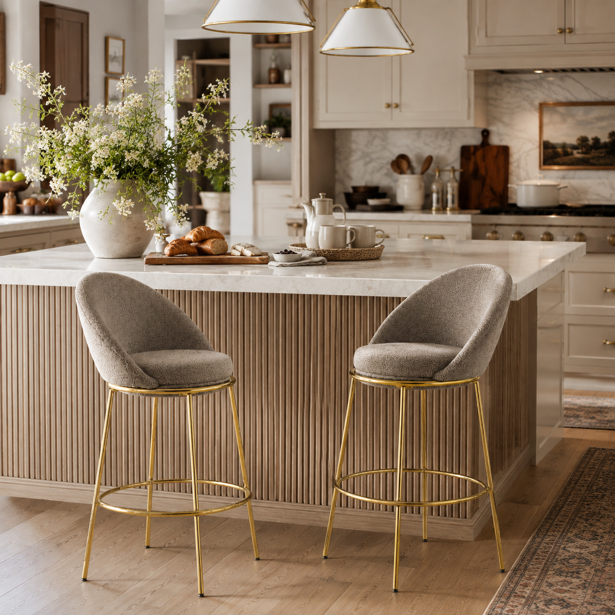 Yarra beige bar stool showing stools styled in a dining and kitchen setting