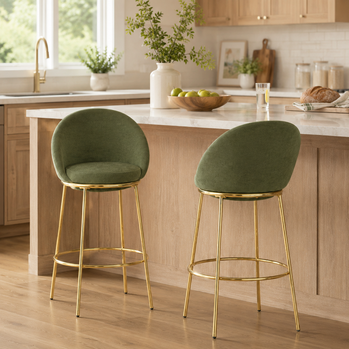 Yarra green bar stool showing two stools in a kitchen island setting