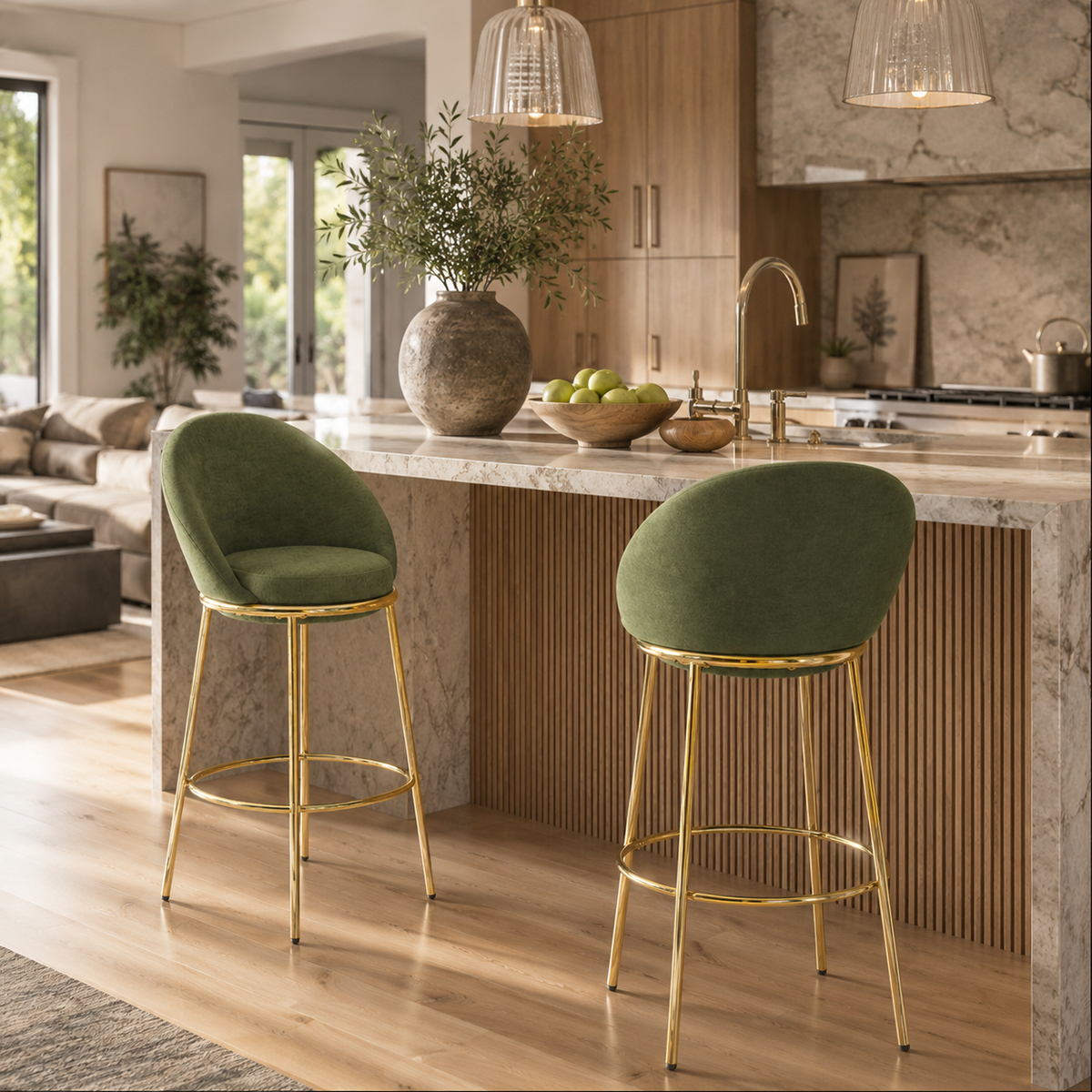 Yarra green bar stool showing two stools in a modern kitchen setting