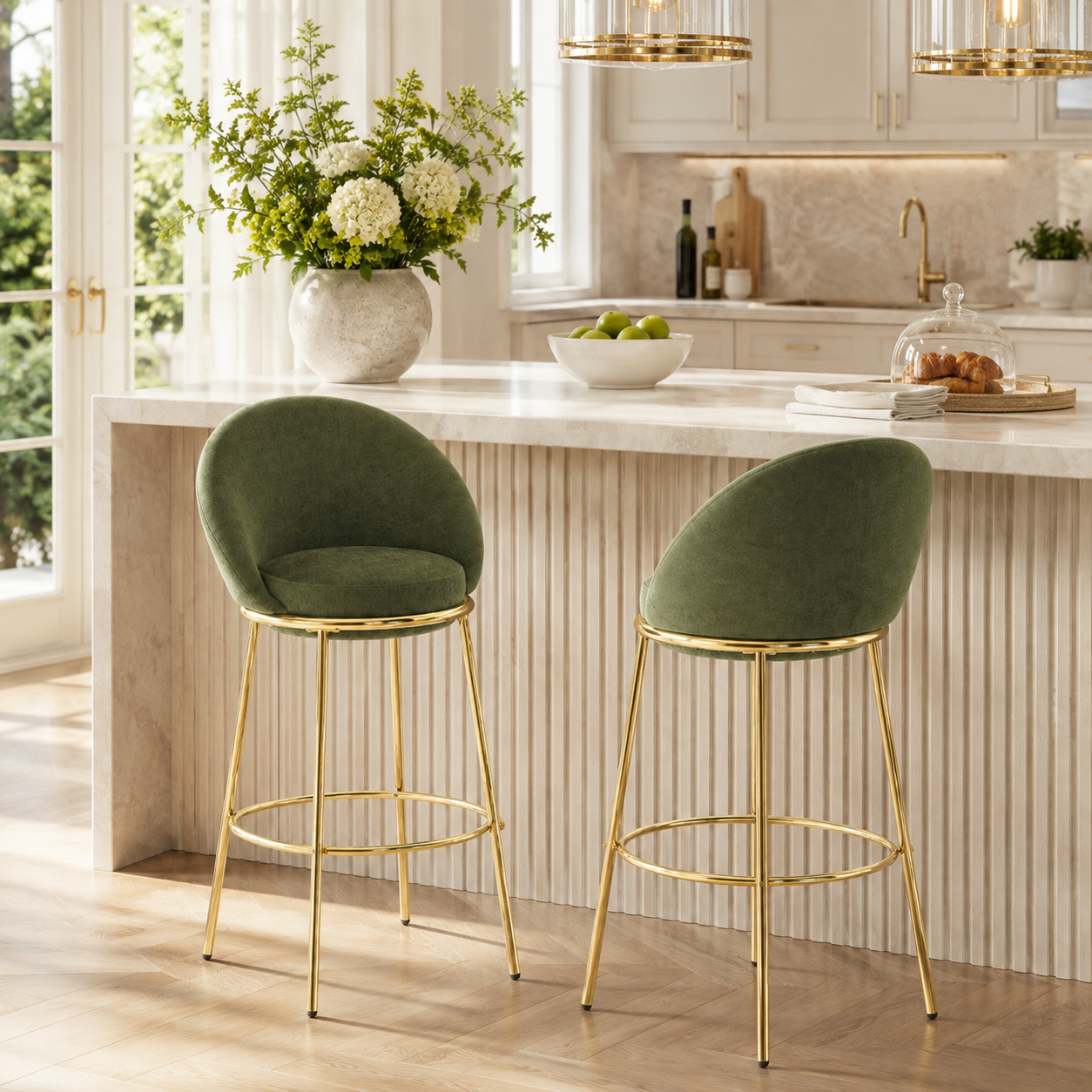 Yarra green bar stool showing two stools beside a kitchen counter