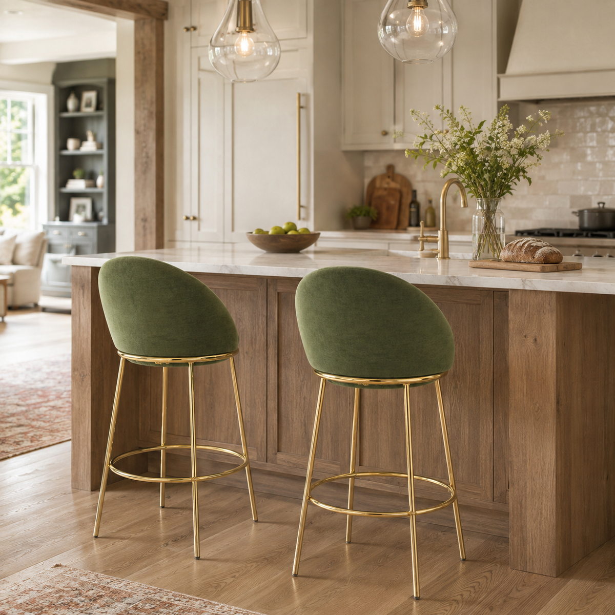 Yarra green bar stool showing stools styled in a dining and kitchen setting