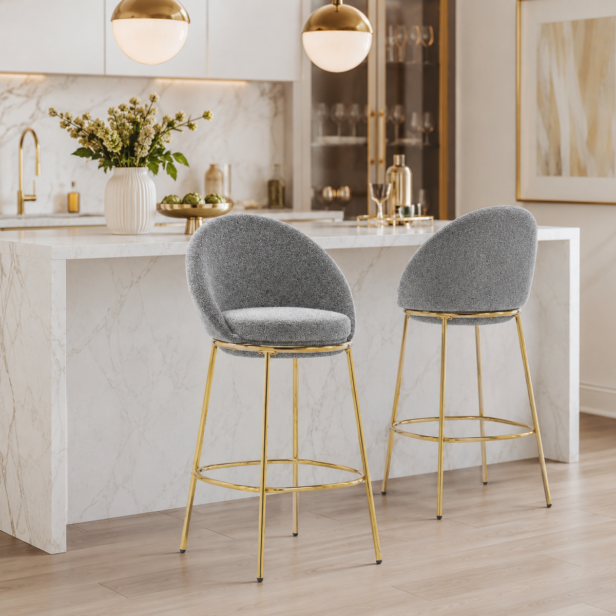 Yarra grey bar stool showing two stools in a modern kitchen setting