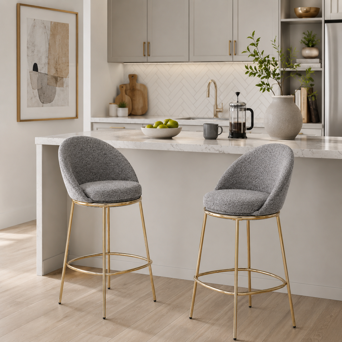 Yarra grey bar stool showing two stools beside a kitchen counter