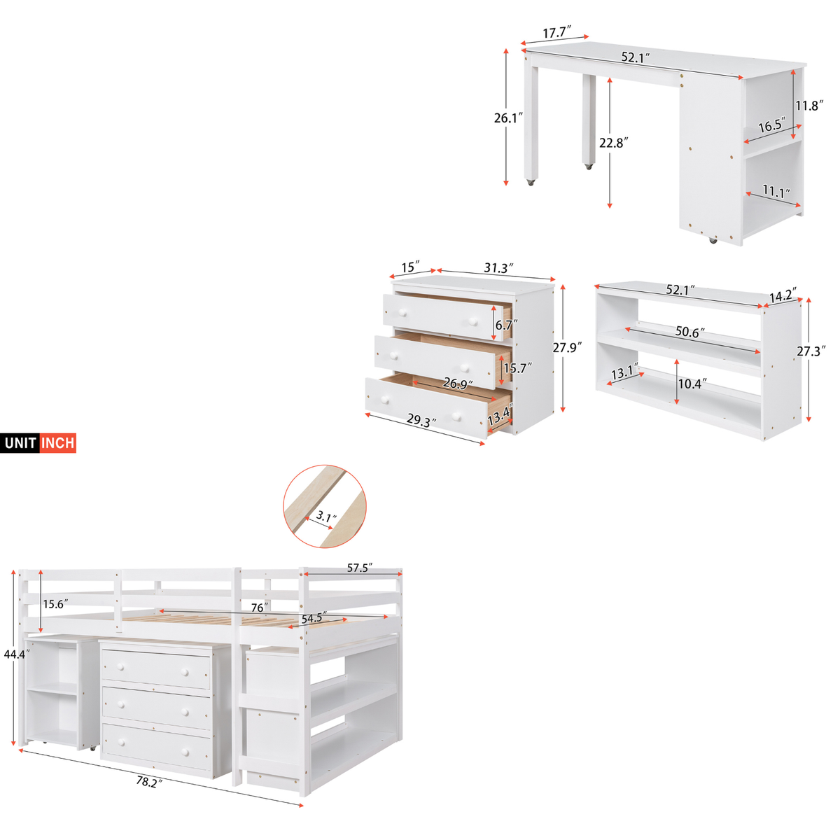Ylven full size low loft bed with rolling desk, three-drawer chest and bookshelf showing overall product dimensions