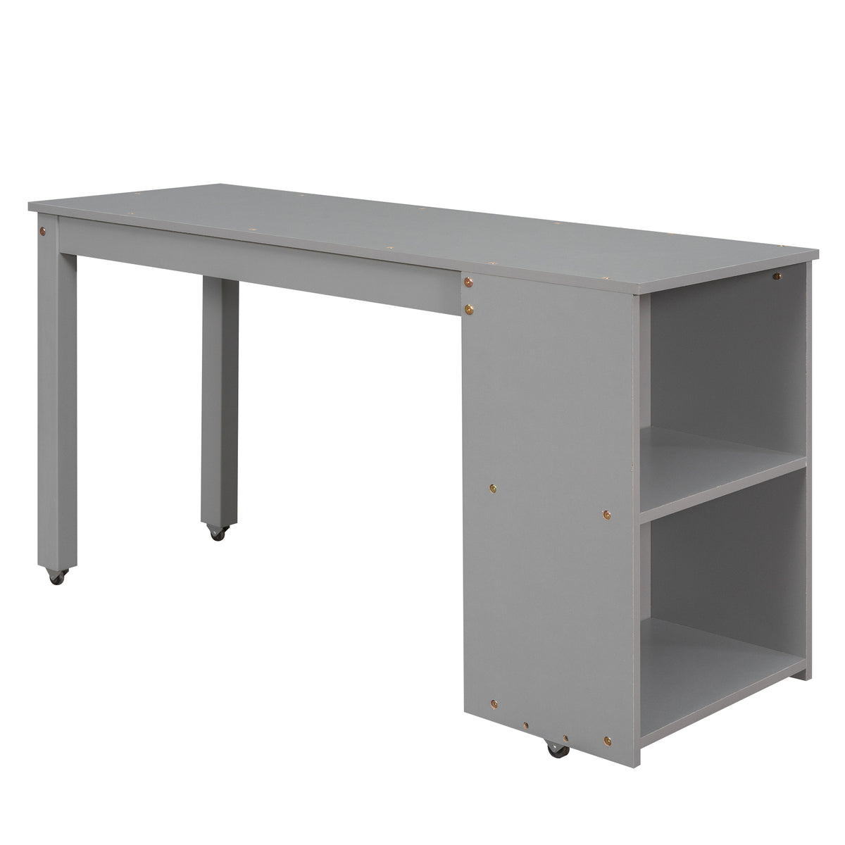 Ylven full size low loft bed in gray with close-up of the rolling desk