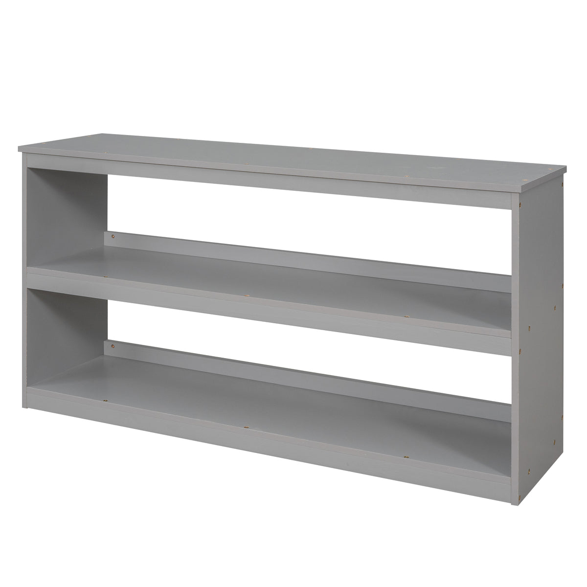 Ylven full size low loft bed in gray with close-up of the bookshelf
