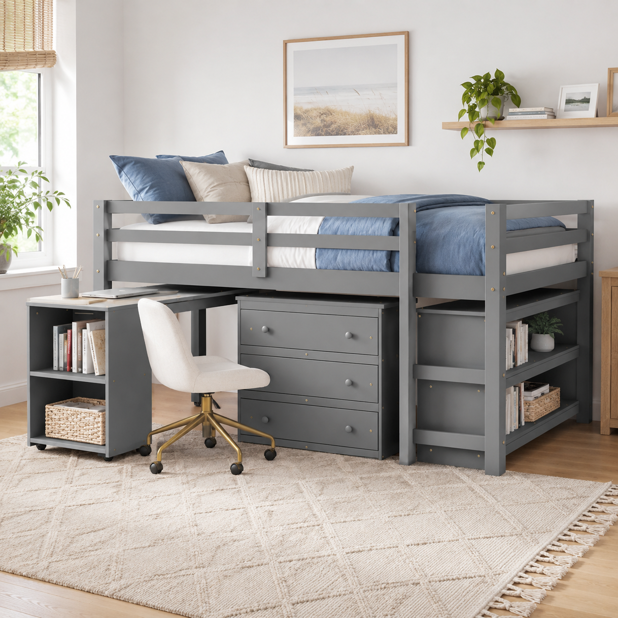 Ylven gray loft bed showing a rolling desk three-drawer chest and bookshelf in a bright bedroom