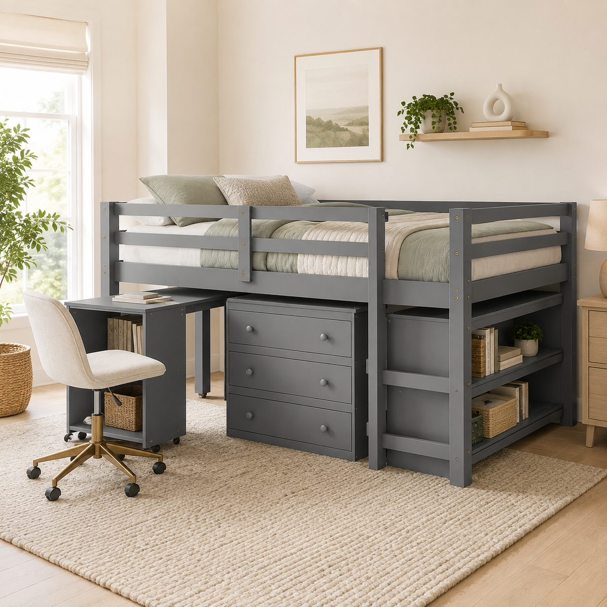 Ylven gray loft bed showing a full size low loft setup with rolling desk and drawer storage