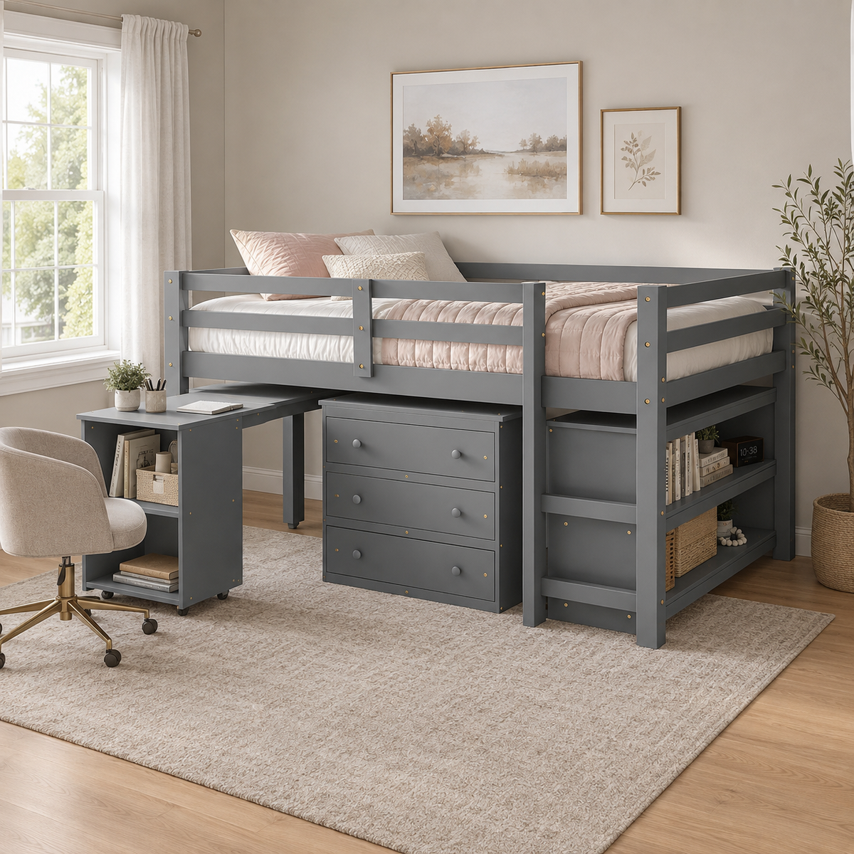 Ylven gray loft bed showing a compact bedroom workspace with three-drawer chest and bookshelf