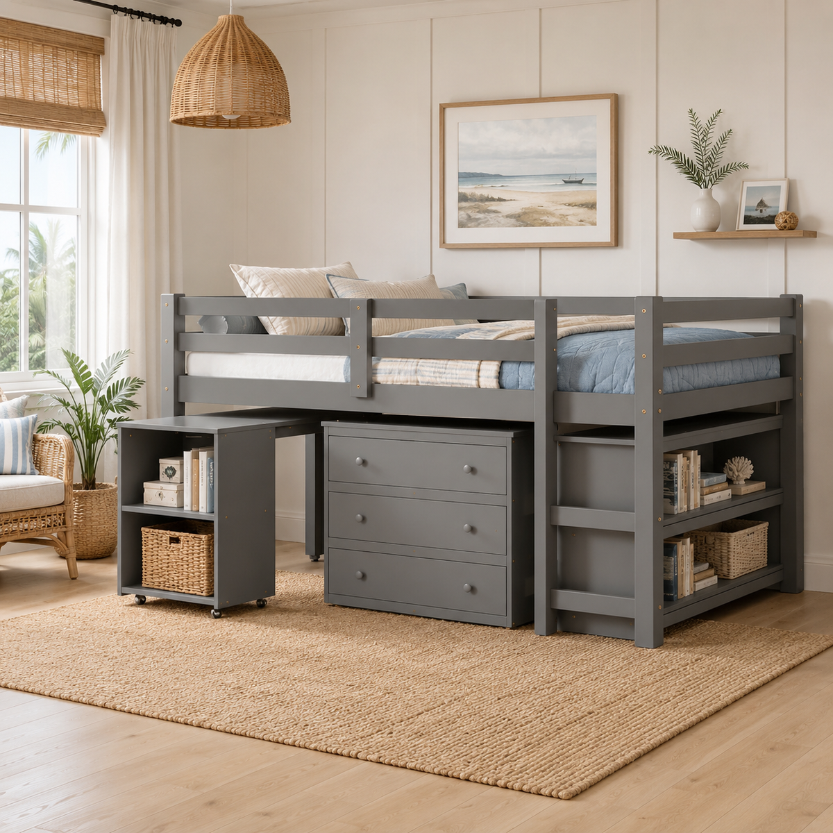Ylven gray loft bed showing the rolling desk beneath the bed in a bright neutral bedroom
