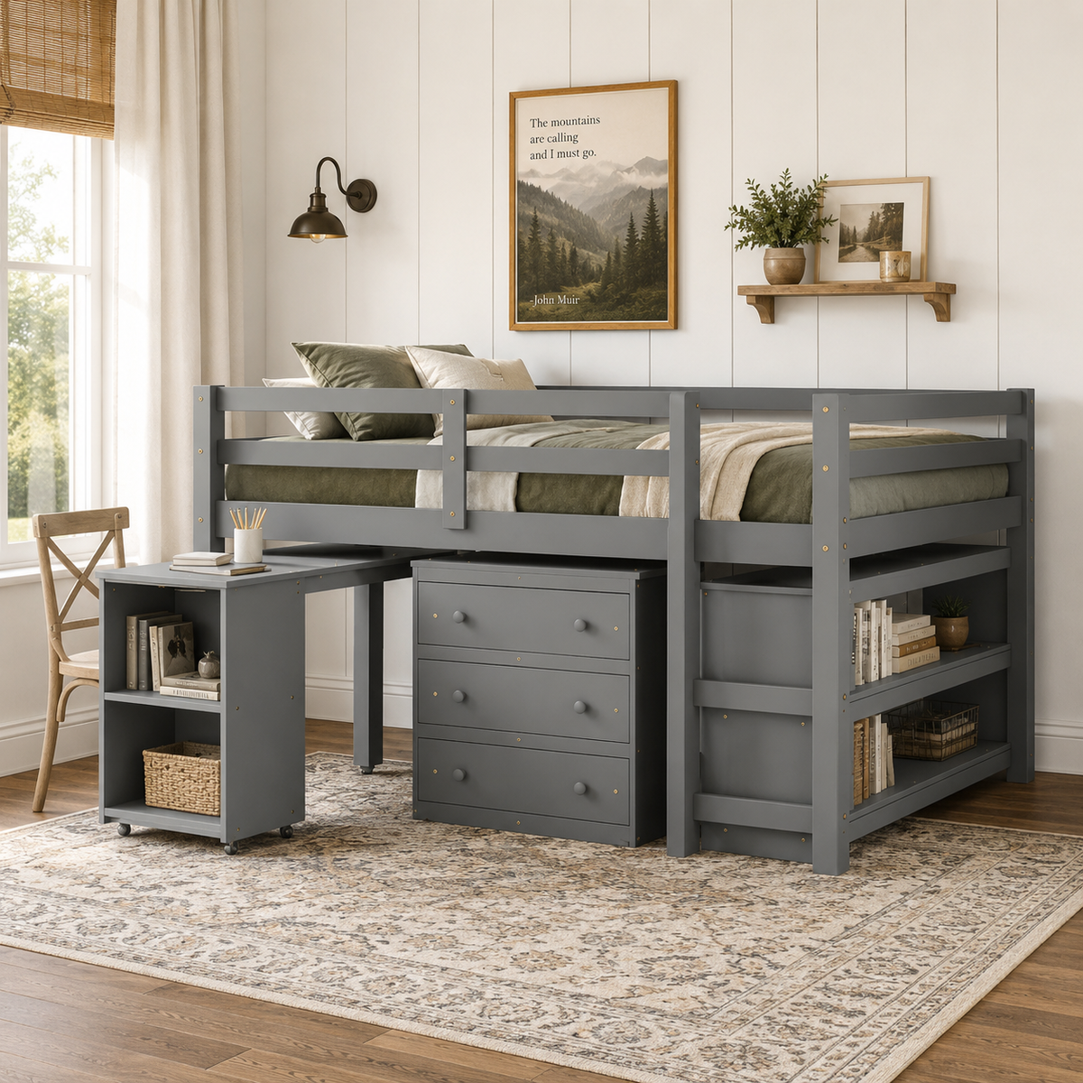 Ylven gray loft bed showing an organized underbed area with desk drawers and open shelving