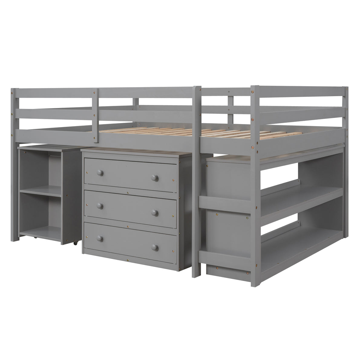 Ylven gray loft bed showing the front view with three-drawer chest and bookshelf