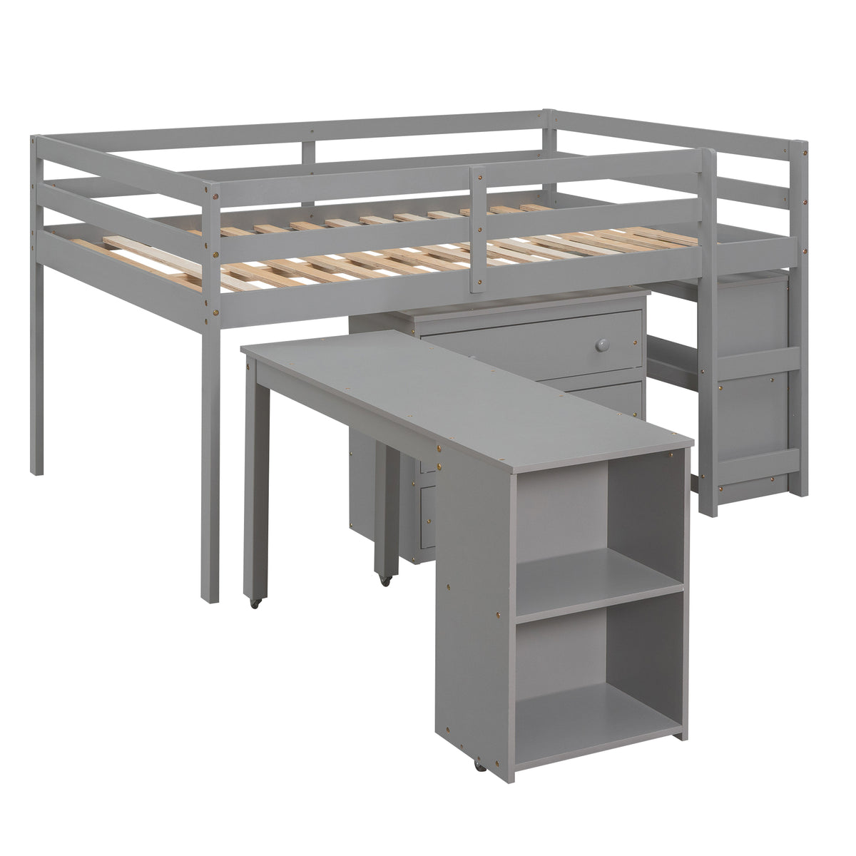 Ylven gray loft bed showing an angled view with the rolling desk extended from the bed