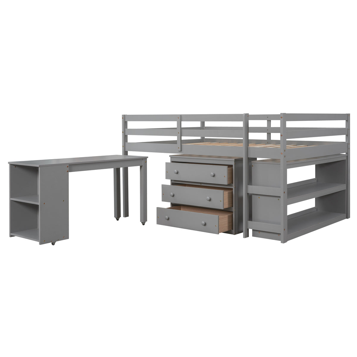 Ylven gray loft bed showing the low loft frame with rolling desk and storage units
