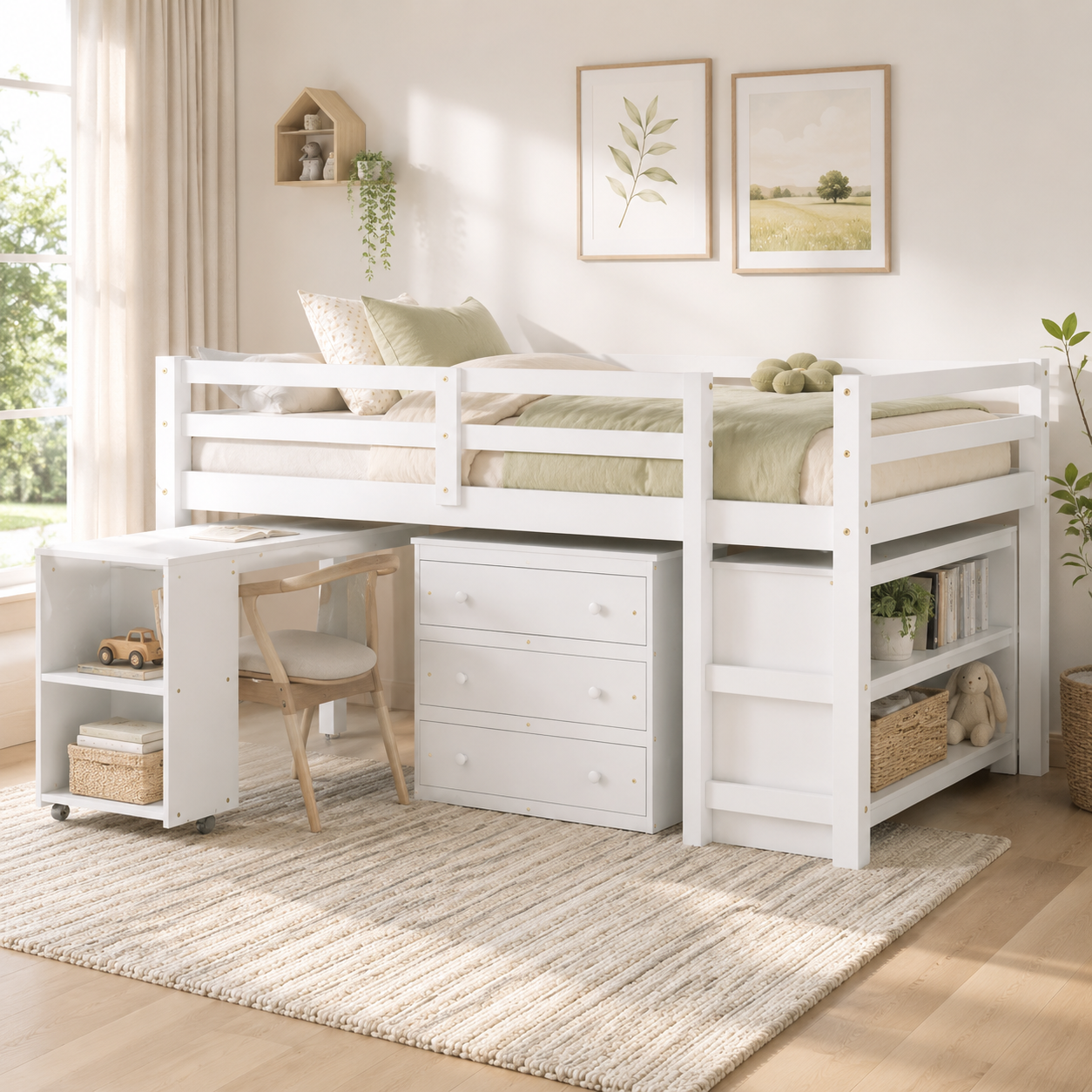 Ylven white loft bed showing a rolling desk three-drawer chest and bookshelf in a bright bedroom