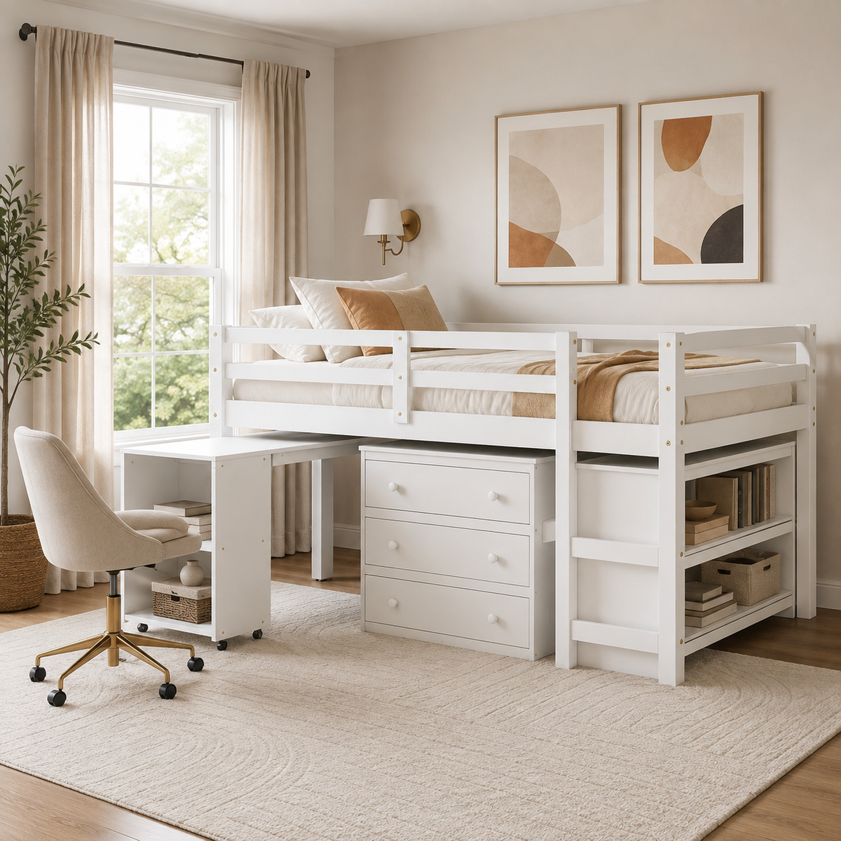 Ylven white loft bed showing a full size low loft setup with desk and drawer storage in a bright room