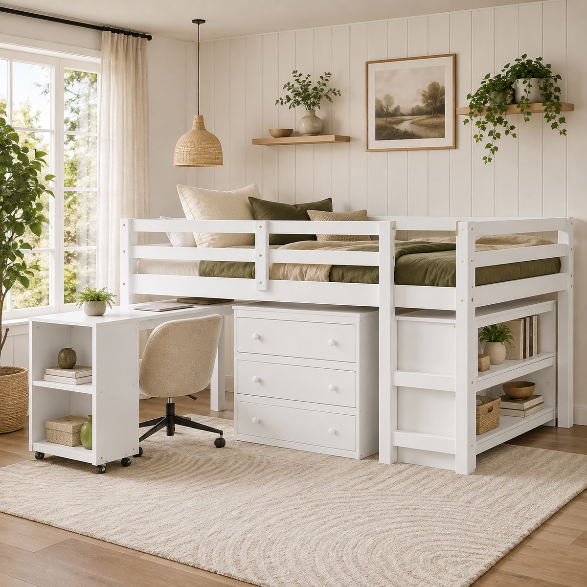 Ylven white loft bed showing a compact bedroom workspace with rolling desk chest and open shelving