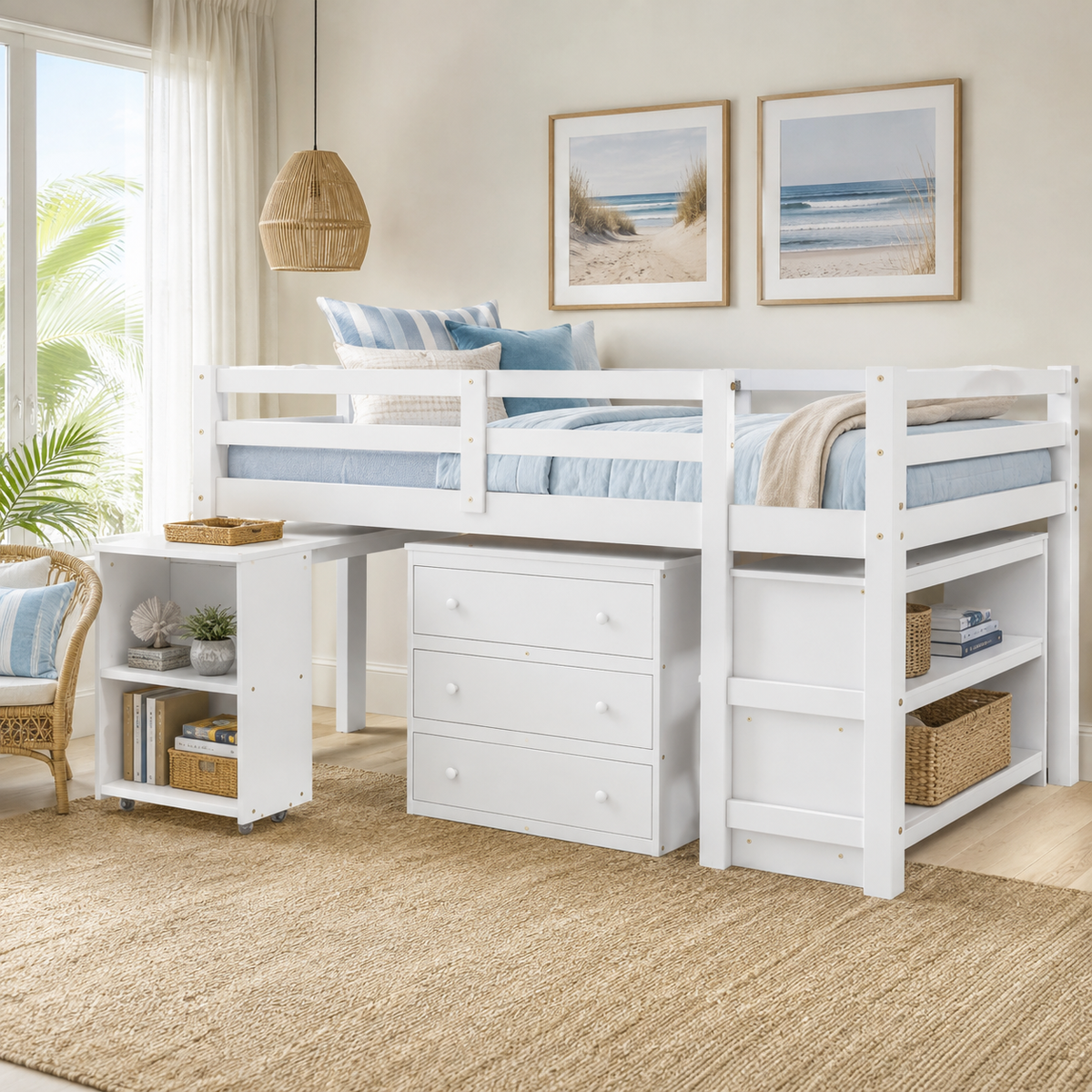 Ylven white loft bed showing the low loft frame with desk and storage furniture in a bright bedroom