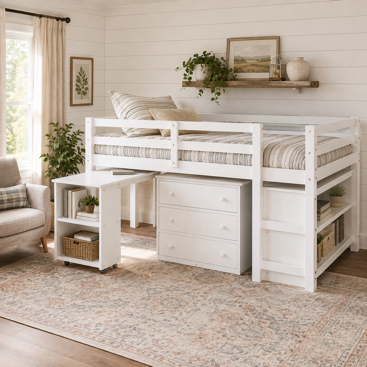 Ylven white loft bed showing an organized underbed area with rolling desk drawers and bookshelf