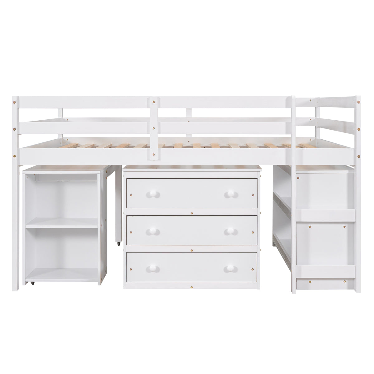 Ylven white loft bed showing the front view with rolling desk three-drawer chest and bookshelf