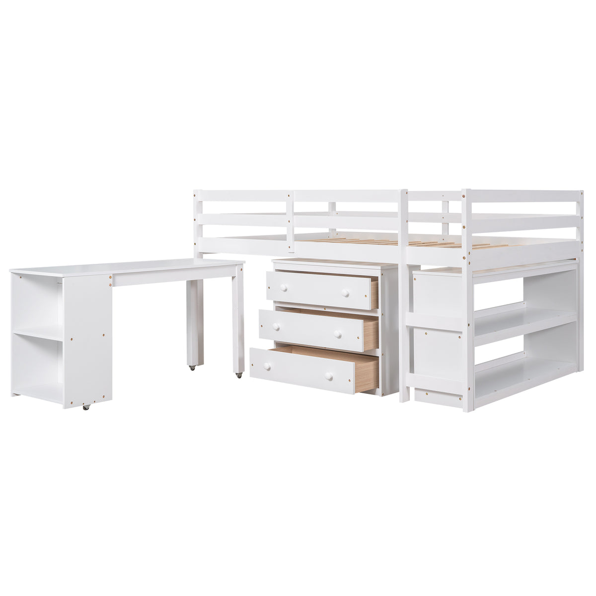 Ylven white loft bed showing an angled configuration with the rolling desk extended from the bed