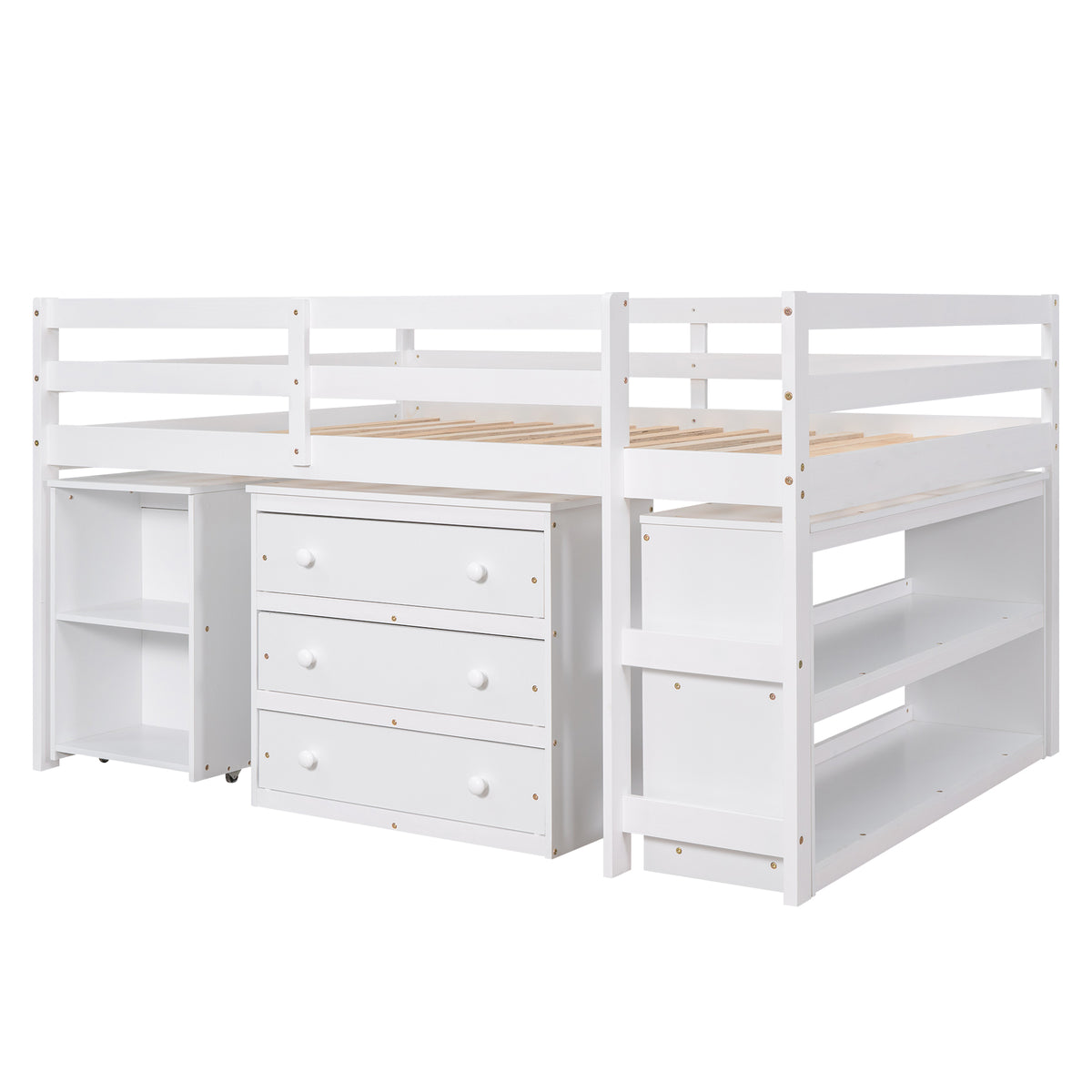 Ylven white loft bed showing an angled view with three-drawer chest and underbed storage