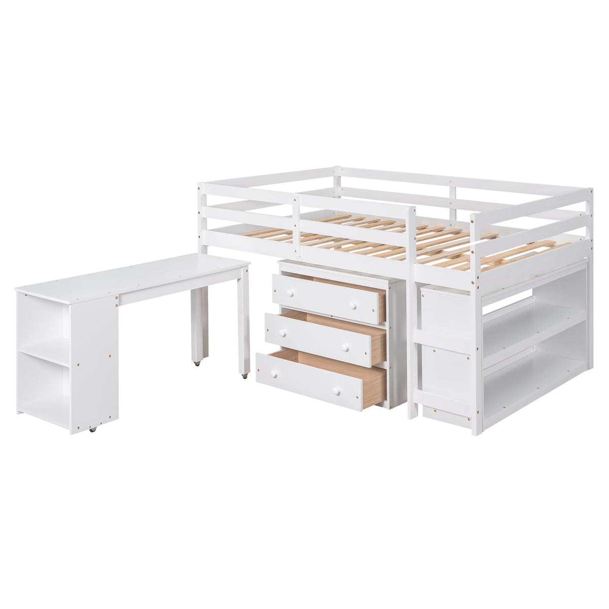 Ylven white loft bed showing the rolling desk as a separate workspace with side storage