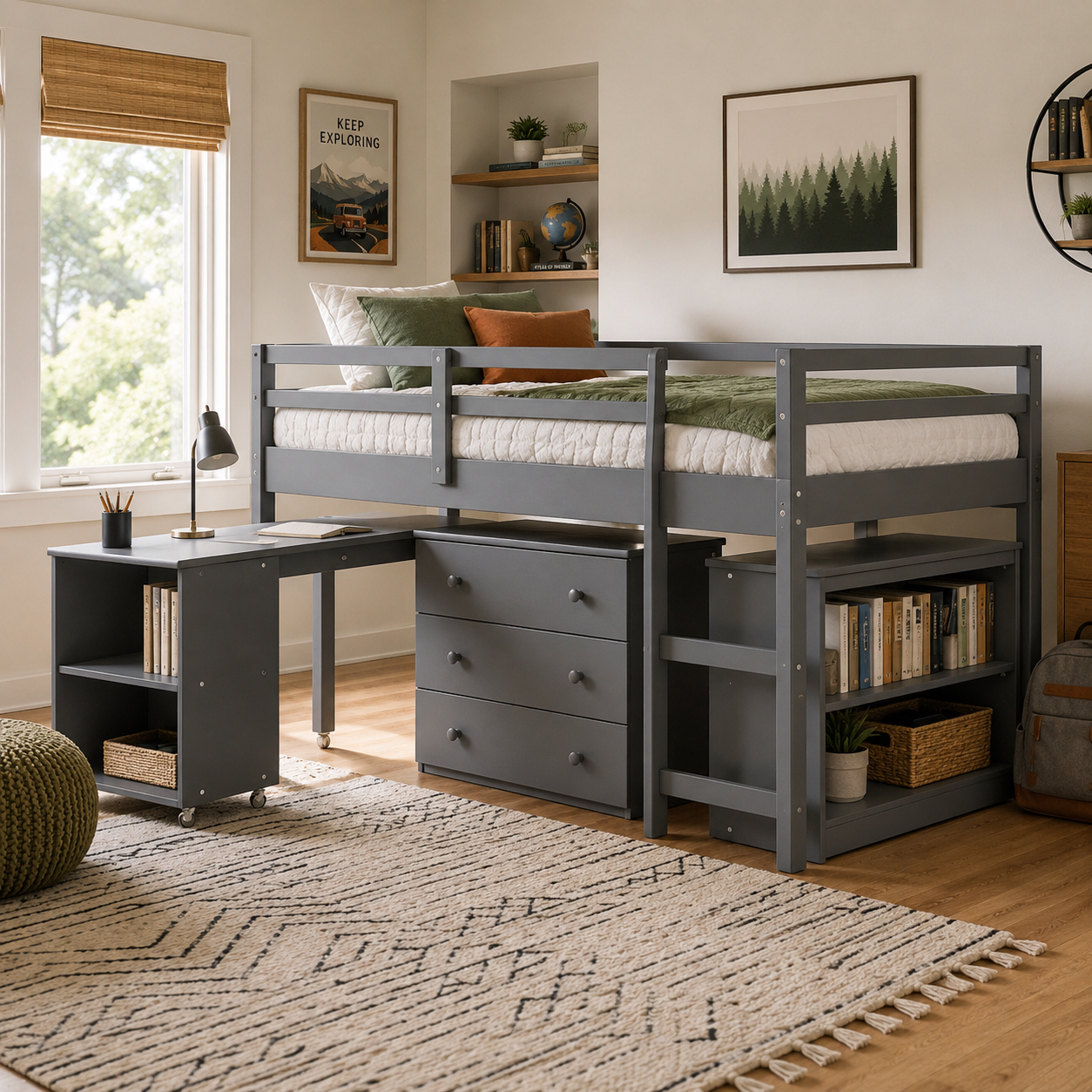 Ylven gray twin size low loft bed with rolling desk chest and bookshelf in a modern bedroom