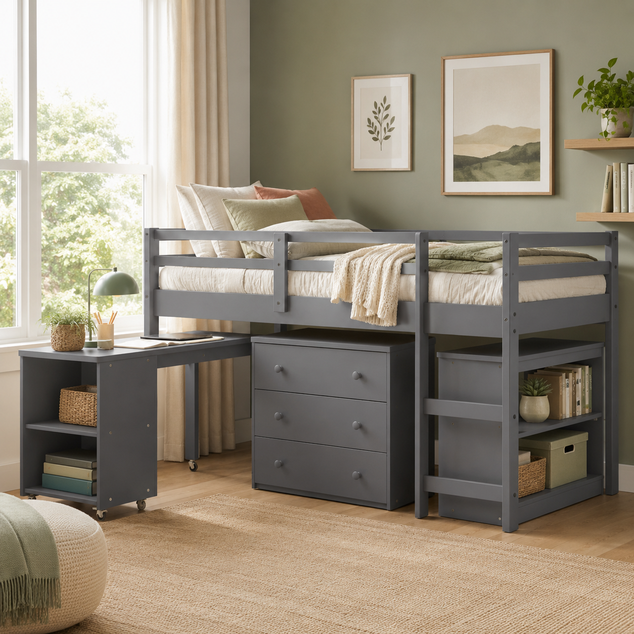 Ylven gray twin size low loft bed with three-drawer chest and desk in a warm bedroom