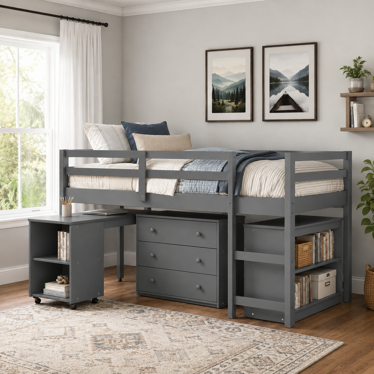 Ylven gray twin size low loft bed with bookshelf and storage furniture in a contemporary bedroom