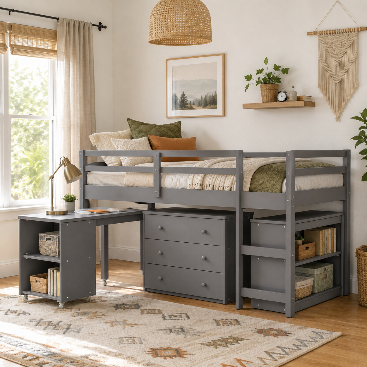 Ylven gray twin size low loft bed with movable desk and bookshelf in a cozy bedroom