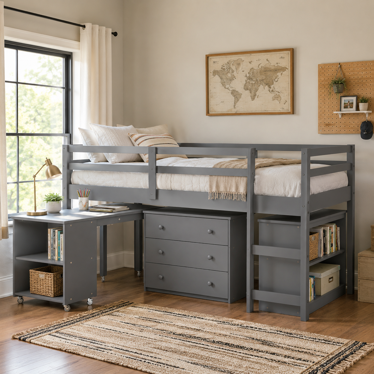 Ylven gray twin size low loft bed with chest bookshelf and desk arranged beneath the bed