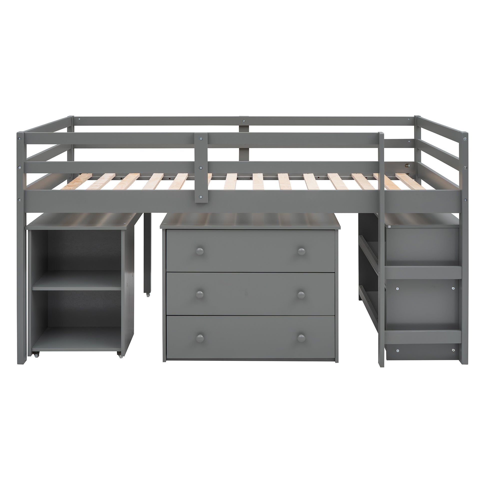 Ylven gray twin size low loft bed front view with desk chest and bookshelf on white background