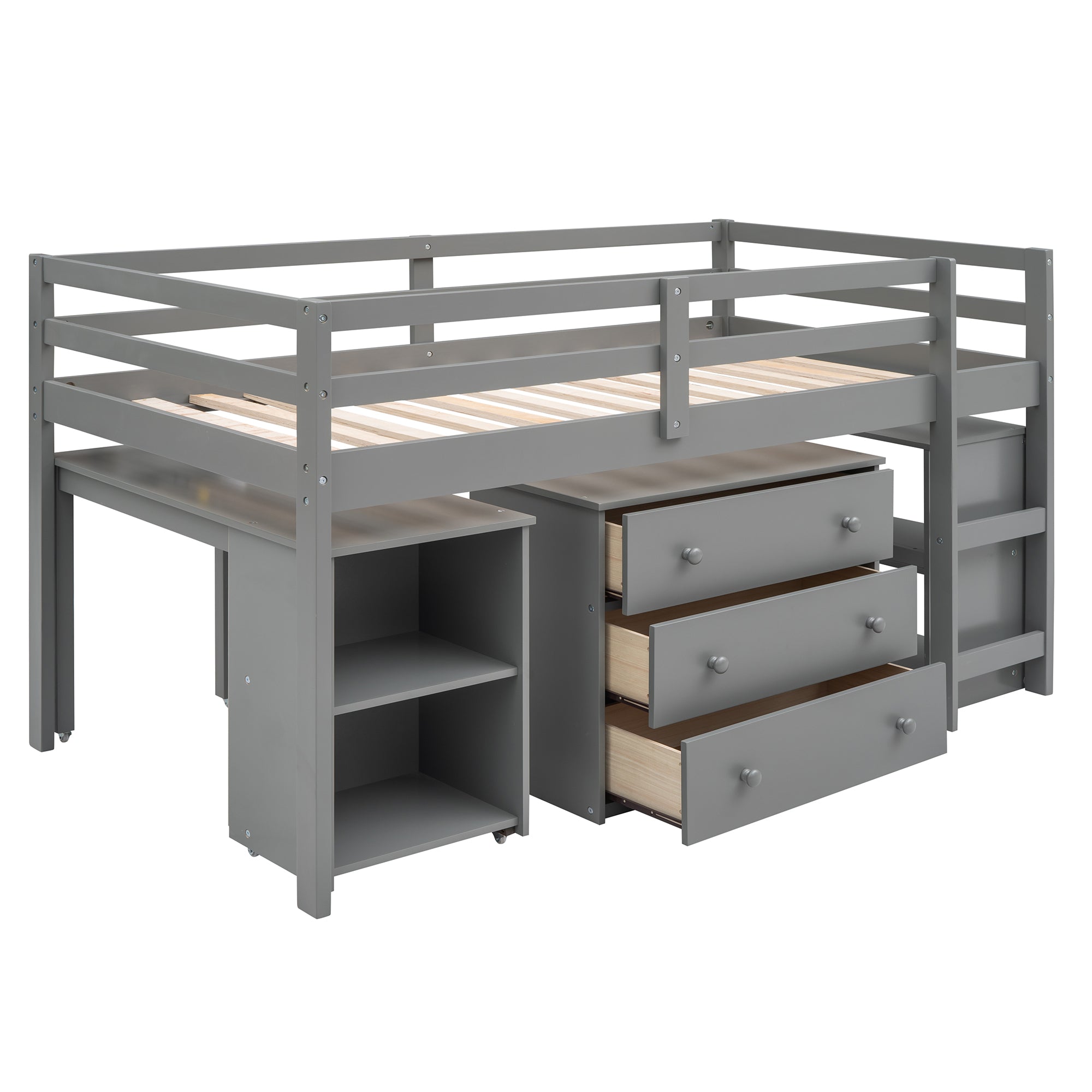 Ylven gray twin size low loft bed front angled view with movable storage units on white background