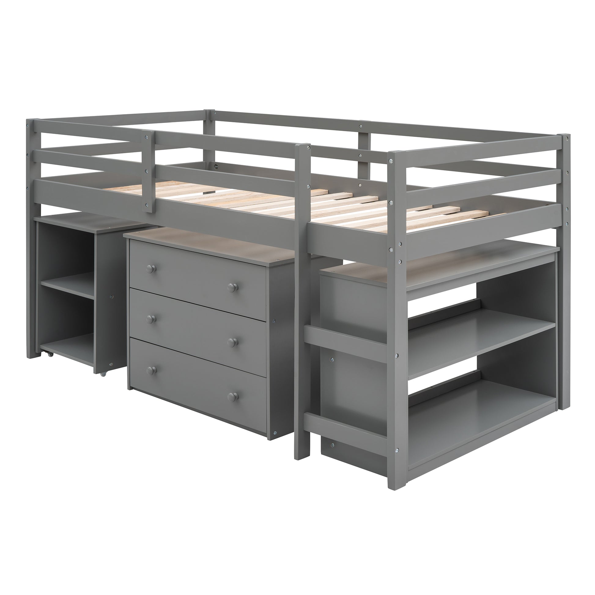 Ylven gray twin size low loft bed side angled view with three-drawer chest on white background