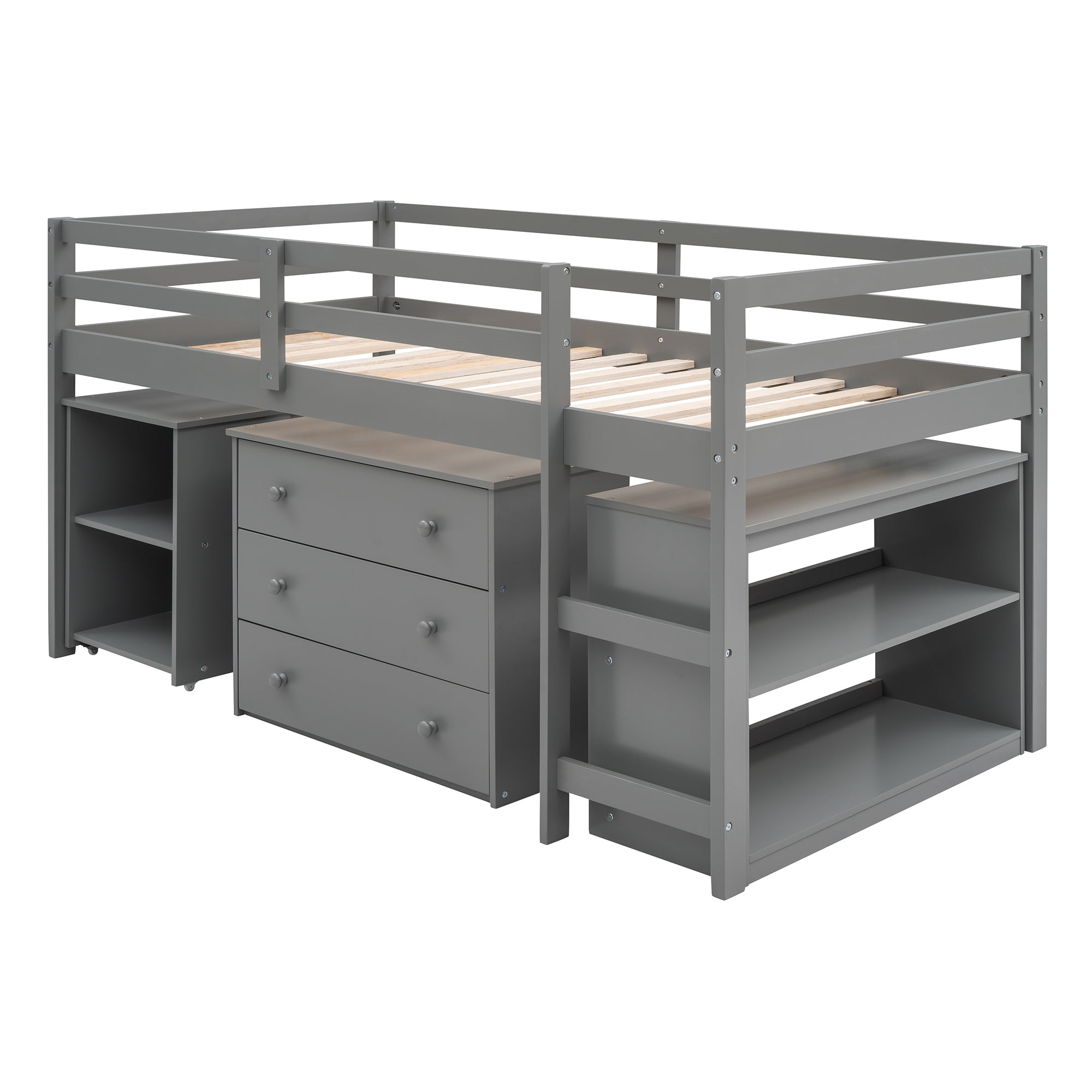 Ylven gray twin size low loft bed side angled view with three-drawer chest on white background