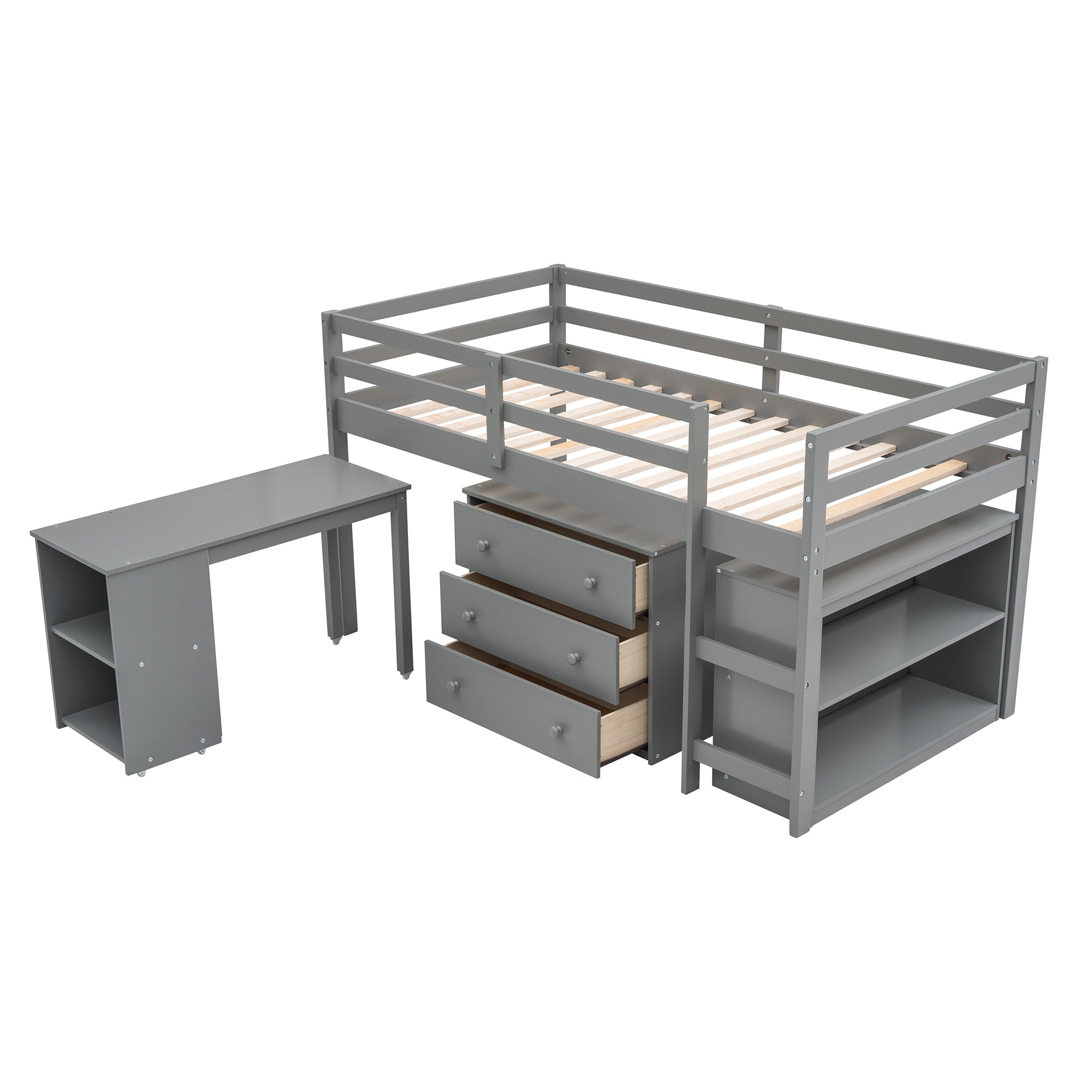Ylven gray twin size low loft bed angled view with rolling desk separated on white background
